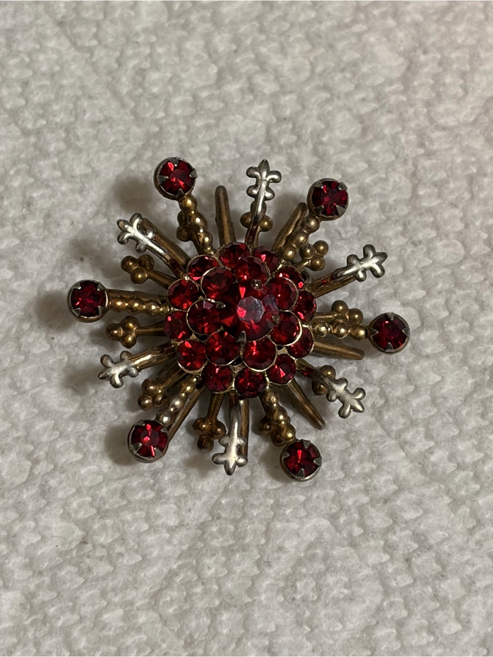 Vintage Red Crystal Starburst Pin Brooch